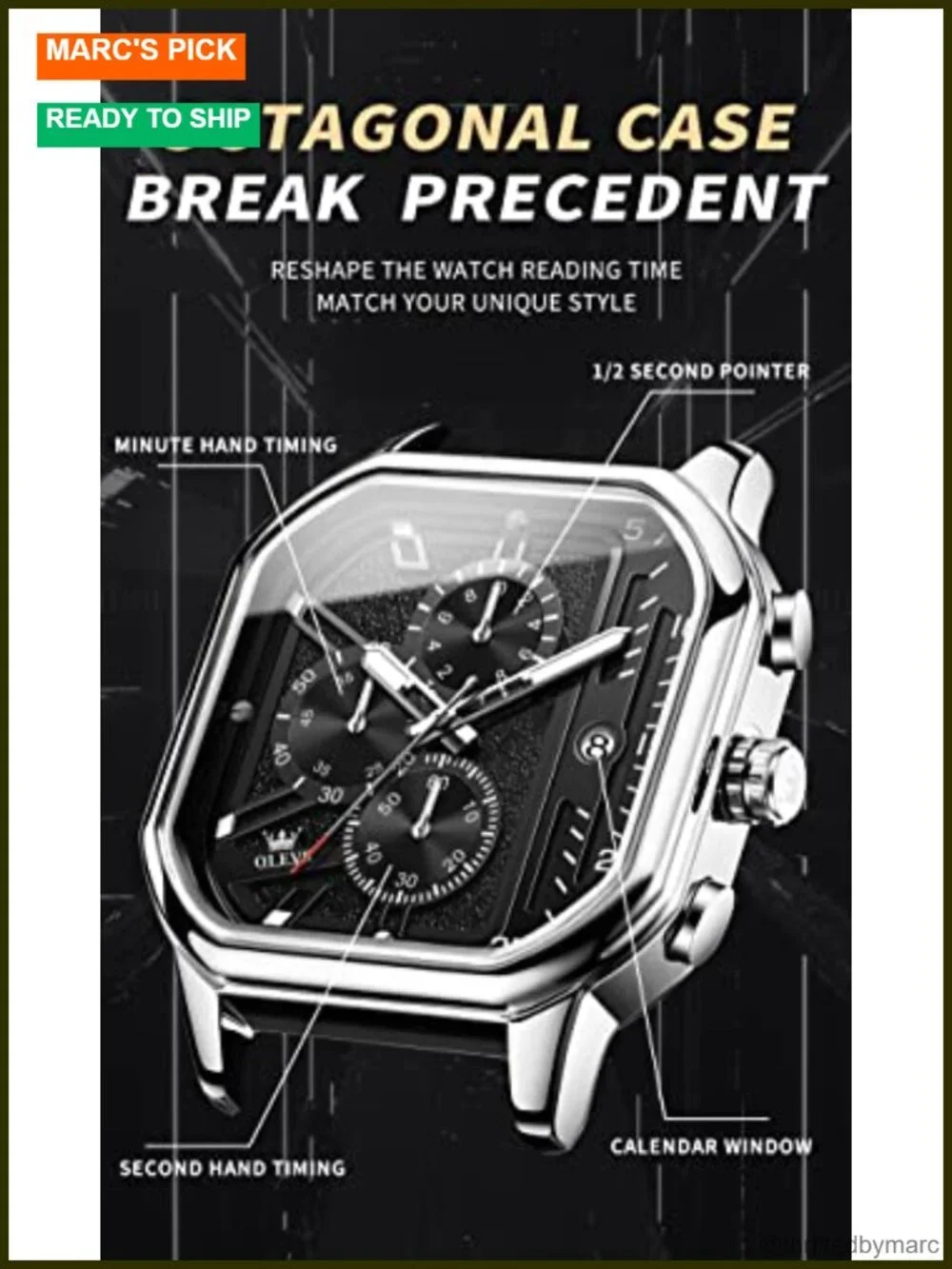 Square Chronograph Quartz Watch Leather Strap Luminous Waterproof Business